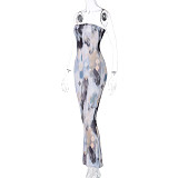 Women Tie Dye Stripe Print Strapless Elastic Skinny Long Dress BLG-083011