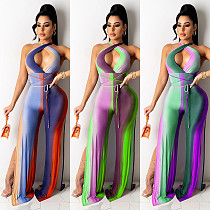 Women Contrast Color Print Sleeveless Hollow Out Bandage Halter High Waist Side Slitting Loose Jumpsuit SZ-8093