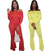 2021 Spring Solid Color Off Shoulder Long Sleeve High Waist Bodycon Women Clubwear Flare Jumpsuit YYUAN-6463