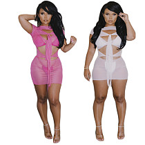2021 Summer New Sexy Solid Color Mesh See Through Hollow Out Bodycon Women's Clubwear Mini Dress CHENGX-060