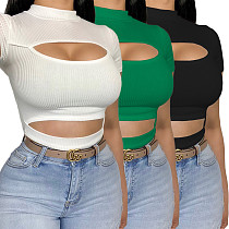 Women Sexy Mock Neck Short Sleeve Solid Color Slim Fit Knit Cut Out T-Shirt Crop Tops ANDI-0503