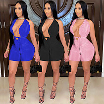 Sexy Solid Color Women Hollow Out Sleeveless Deep V Neck Halter Lace Up Bodycon Romper QINGS-5093