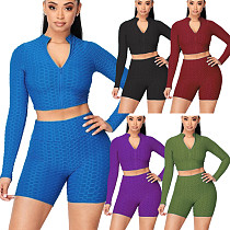 Women Solid Color Pineapple Grid Long Sleeve Zipper Crop Top Coat Slim Shorts Gym Sport 2 Piece Set OSM-4342