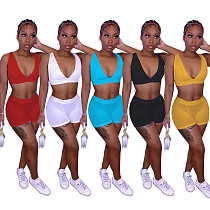 Solid Color Sexy Women Sleeveless Tank Vest Crop Tops High Waist Shorts Skinny Fitness Two Piece Set TCX-076
