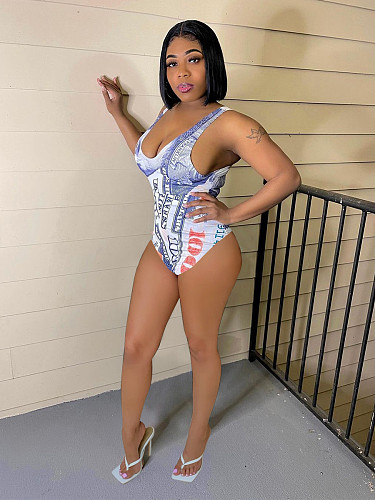 2021 Summer Best Sales Women's Sleeveless Us Dollar Printed Sexy Bodycon One Piece Swimsuit QINGS-5098