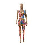 2021 Summer New Women Print Sportswear Sleeveless Vest Crop Top Skinny Legging Pants 2pcs Yoga Set XT-8867
