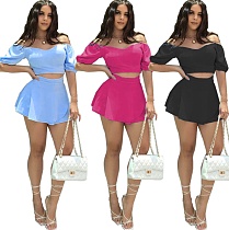 Sexy Solid Color Off Shoulder Short Sleeve Stretch Crop Top A-Line Mini Skirt Two Piece Matching Set AWN-5215