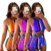 Sexy Print Striped  Women Summer Halter Bandage Backless Crop Top High Waist Shorts 2 Piece Set SMY-8093