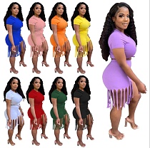 Plus Size Women Solid Color Short Sleeve O-Neck Crop Tops Elastic Tassel Shorts Fitness Two Piece Set MTY-6529