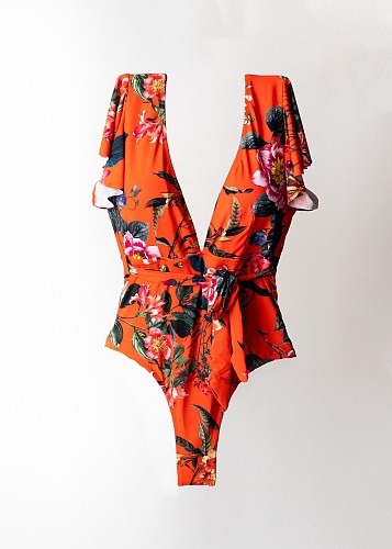 Hot Sale Fashion Women's Flower Print Deep V-neck Short Sleeve Lace-up Beachwear One Piece Swimsuit WY-6773