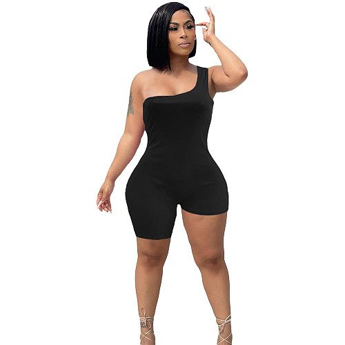 Summer Asymmetry Solid Color One Shoulder Sleeveless High Street One Piece Active Bodycon Rompers XUH-5051
