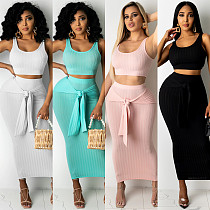 Women Summer Clothing Solid Sleeveless Vest Crop Top Bodycon Long Skirts Sexy Club Party Two Piece Set BY-5125