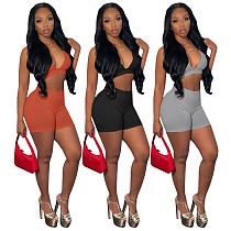 Casual Fitness Solid Color Sexy Backless Deep V Gym Bra Crop Top Shorts Bodycon Two Piece Outfits SY-9083
