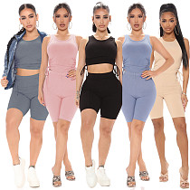 Women Solid Side Drawstrings Ruched Sportswear Sleeveless O-Neck Crop Tops+High Waist Shorts 2 Piece Set SMR-10070