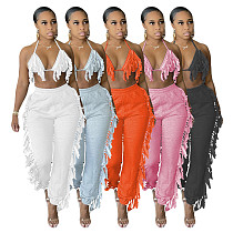 Sexy Bodycon Streetwear Solid Color Tassel Crop Top Bra Elastic Waist Long Pants Women Two Pieces Set CN-0134