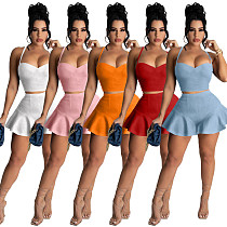 Fashion Solid Color Spaghetti Straps Crop Top Ruffles Shorts Summer Women Night Club Two Piece Set TK-6181