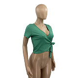 Hot Sales Ribbed Knit Deep V-Neck Sexy Women Solid Color  Short Sleeve Criss Cross Bandage Basic Shirts Crop Top ANDI-0510