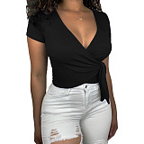 Hot Sales Ribbed Knit Deep V-Neck Sexy Women Solid Color  Short Sleeve Criss Cross Bandage Basic Shirts Crop Top ANDI-0510