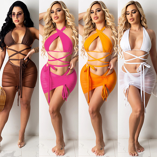 2021 Sexy Women Summer Clothes Halter Bandage Bra Crop Tops Bikini Panties Mini Skirts Beach 3 Piece Matching Sets BY-5141