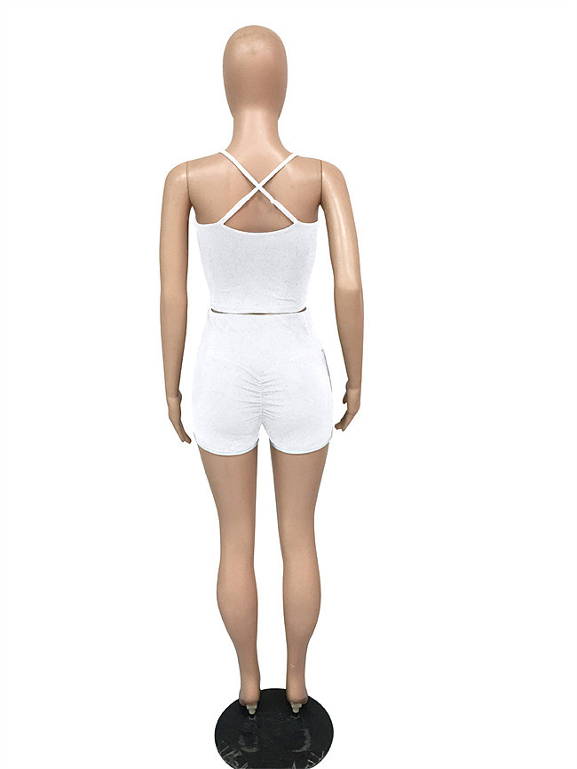 US$ 5.85 - Summer Sportswear Solid Color Halter Crop Tops Shorts Jogger Sweatpant Tracksuit Two