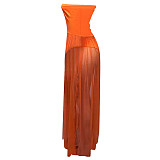 Summer Fashion Strapless Sleeveless Mesh Patchwork Sexy See Through Club Beach Wear Long Maxi Dress ME-854