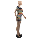 Sexy Deep V Neck Knitted Multi Stripe Fashion Printed Short Sleeve Streetwear Bodycon Elastic Women Rompers MR-9063