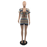 Sexy Deep V Neck Knitted Multi Stripe Fashion Printed Short Sleeve Streetwear Bodycon Elastic Women Rompers MR-9063