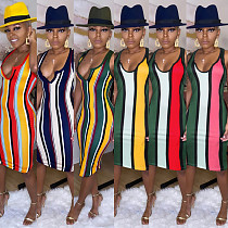 Sexy Deep V Sleeveless Colorful Striped Hip Buttock Nightclub Dress FSX-55