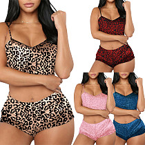 Women Sexy Leopard Print Spaghetti Straps Crop Top Bodycon Shorts Pajama Nightwear Suits Two Piece Outfits ME-888