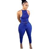 Women Summer Fashion O Collar Sleeveless Vest Pleated Bandage Crop Top Pants Tracksuit Two Piece Set FNN-8617
