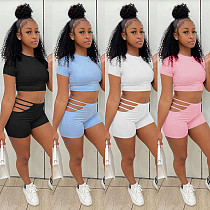 Solid Short Sleeve O Neck Crop Tops Hollow Out Slim Shorts Women Clothes Summer Fitness 2 Piece Sets GLS-7028