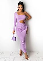 Plus Size Sexy Hollow Out Bodycon Women One Shoulder Long Sleeve Split Drawstring Evening Night Long Dress OM-1220