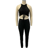 Women Summer Fashion O Collar Sleeveless Vest Pleated Bandage Crop Top Pants Tracksuit Two Piece Set FNN-8617