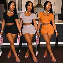 Casual Women Fitness Clothing Summer Solid Color V-Neck Short Sleeve Crop Tops+Pockets Shorts 2 Piece Sets MX-1198