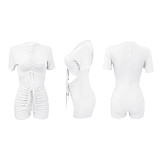 Sexy Solid Color Short Sleeve Waist Hollow Out Ruched Drawstring Lace Up Clubwear Bodycon Women Romper ME-880