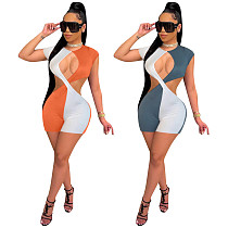 Summer Hot Color Patchwork O Neck Short Sleeve Hollow Out Bodycon Party Clubwear Women Romper MN-9307
