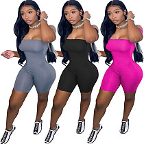 Summer Sexy Solid Color Women Off Shoulder Short Sleeve Mid Waist Bodycon One-Piece Slim Fit Romper AWN-5224