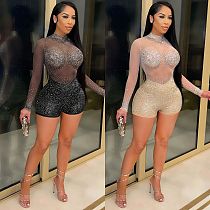 Women Hot Drilling Rhinestone Mesh Patchwork See Through Summer Long Sleeve One Piece Bodycon Romper BY-5165