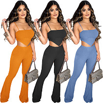Women Solid Color High Stretchy Sleeveless Spaghetti Strap Crop Top Flare Pants Casual Slim Fit Two Piece Set MOY-8552
