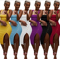 Summer Women Clothing Solid Color Sleeveless High Waist Square Collar Slit Close-Fitting Midi Dress YN-9065