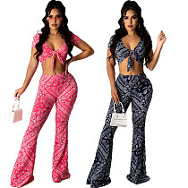 Sexy Women's Tracksuit Short Sleeved V-Neck Paisley Print Crop Top Flare Pants Fashion Two Piece Matching Set SMR-10361