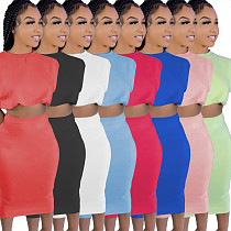 Casual Solid Color Sleeveless Shoulder Pads O Neck Crop Top High Waist Slim Skirts Elegant 2 Piece Sets TCX-086