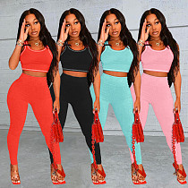 Solid Color Sportswear Sleeveless Vest Yoga Crop Tops Leggings Women Clothing Summer Two Piece Set  HT-6072
