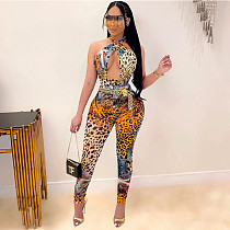 Summer Hot Leopard Print Halter Neck Sleeveless Chest Hollow Out Bodycon Club Elastic One Piece Jumpsuit QINGS-51019