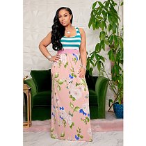 Summer Clothing Patchwork Floral Print Sleeveless High Waist Women Casual Streetwear Maxi Long Dress FSX-180