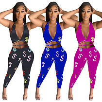 Summer Women Clothing Printed Halter Backless Bandage Crop Top Leggings Bodycon Two Piece Pants Set MEY-20758