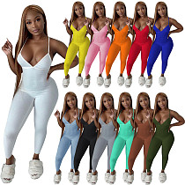 Women Sleeveless V-Neck Solid Ribbed Open Back Cross Summer Activewear Sexy One Piece Jumpsuit NIK-252