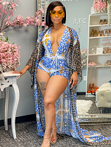 Fashion Leopard Floral Print Beach Swimwear Bikini Cardigan Cover Up Bodysuit Shorts 3 Piece Set KDN-2197