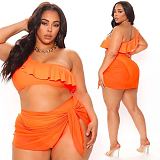 Sexy Solid Color One Shoulder Sleeveless Ruffle Push-Up Bra Cover Up Skirt Swimwear 3 Piece Bikini Sets LP-6297