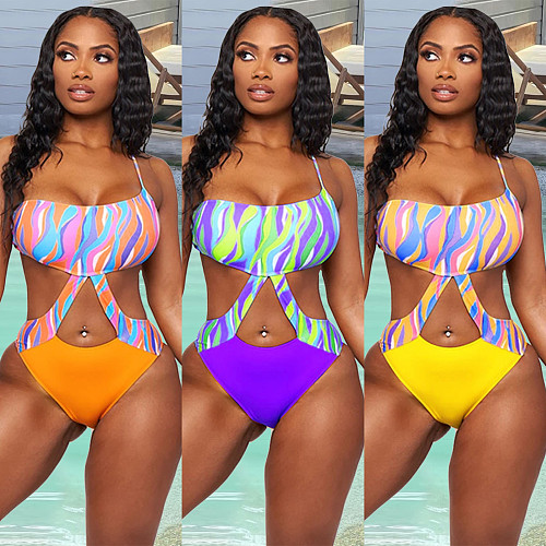 Sexy Print One Shoulder Spaghetti Strap Hollow Out Backless High Waist Beach Wear One-piece Swimsuit SZ-8117